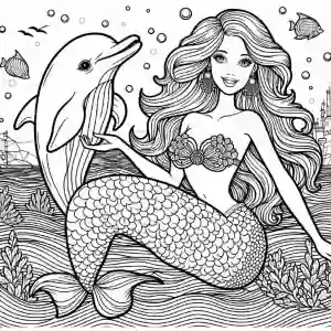 Barbie mermaid with dolphin to color