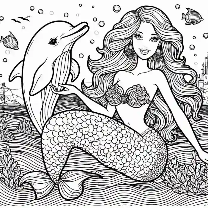 Barbie sirena con delfin para colorear