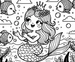 Children's mermaid with little fish to paint