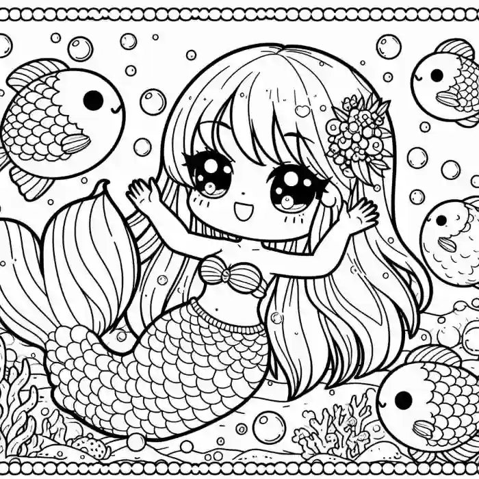 Dibujo de sirena kawaii nadando feliz para colorear