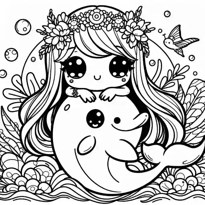 Dibujo de sirena y delfín kawaii para colorear