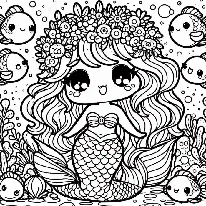 Dibujo sirenita kawaii en el mar para colorear