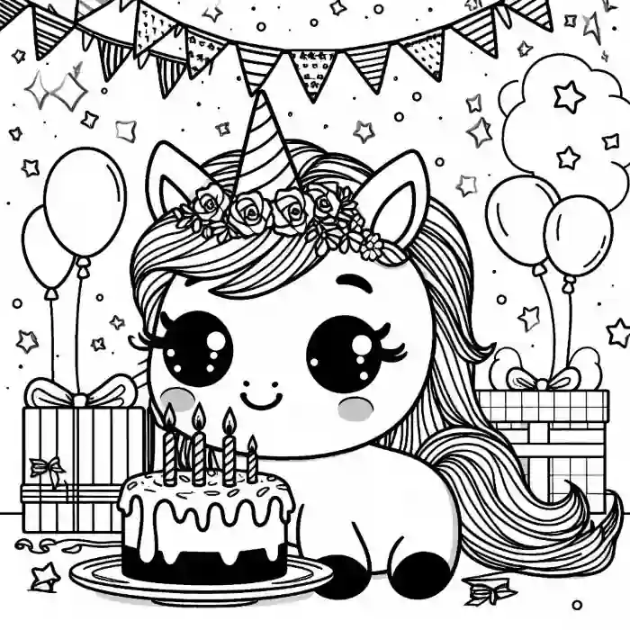 Fiesta cumpleaños unicornio para colorear