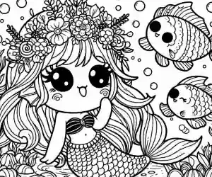 Kawaii little mermaid with little fish to color