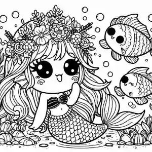 Kawaii little mermaid with little fish to color