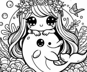 Kawaii mermaid and dolphin coloring page