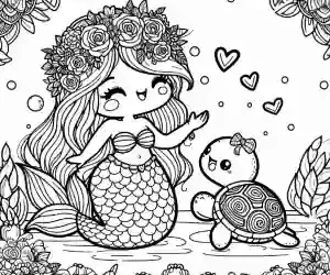 Kawaii mermaid and turtle to color