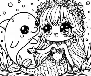 Kawaii mermaid playing with dolphin to color