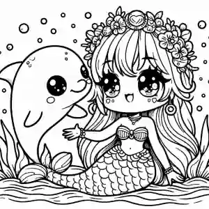 Kawaii mermaid playing with dolphin to color