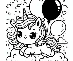 Kawaii unicorn with balloons to color