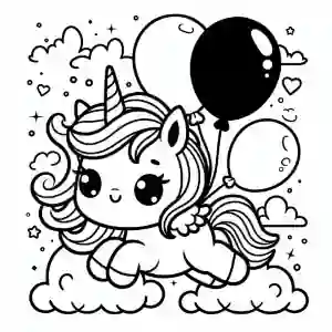 Kawaii unicorn with balloons to color