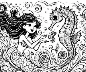 Little mermaid playing with seahorses to paint