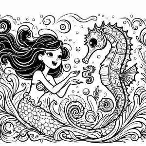 Little mermaid playing with seahorses to paint