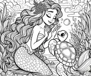 Little mermaid singing with little turtle to color