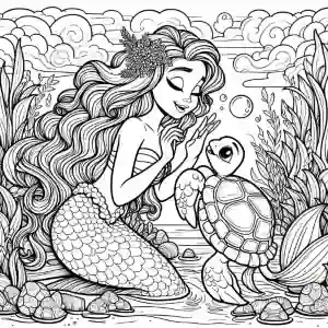 Little mermaid singing with little turtle to color