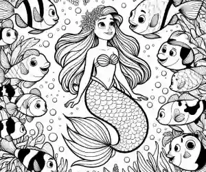 Little mermaid surrounded by fish to color