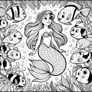 Little mermaid surrounded by fish to color