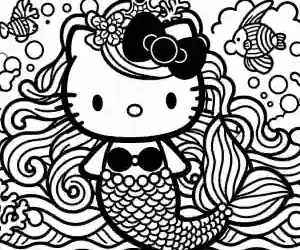 Mermaid Kitty with black bow to color