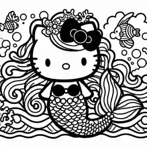 Mermaid Kitty with black bow to color