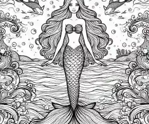 Mermaid among waves coloring page