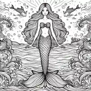 Mermaid among waves coloring page