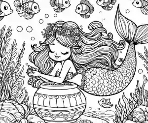 Mermaid with treasure to color