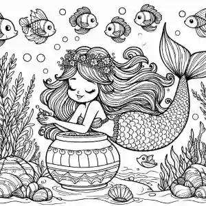 Mermaid with treasure to color