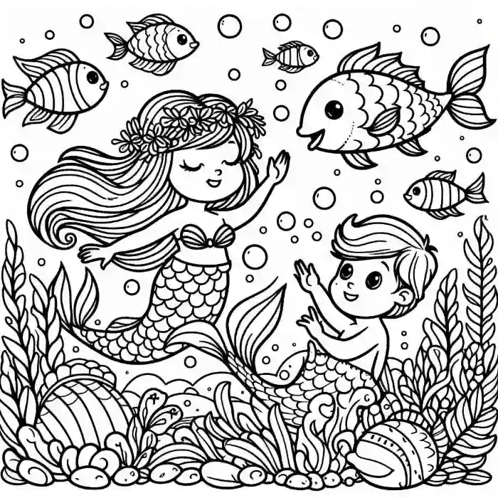 Niño y niña sirena para colorear