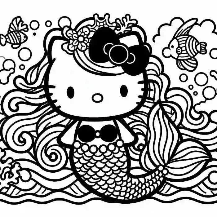 Sirena Kitty con lacito negro para colorear