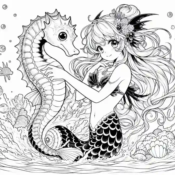 Sirena anime con caballito de mar para colorear