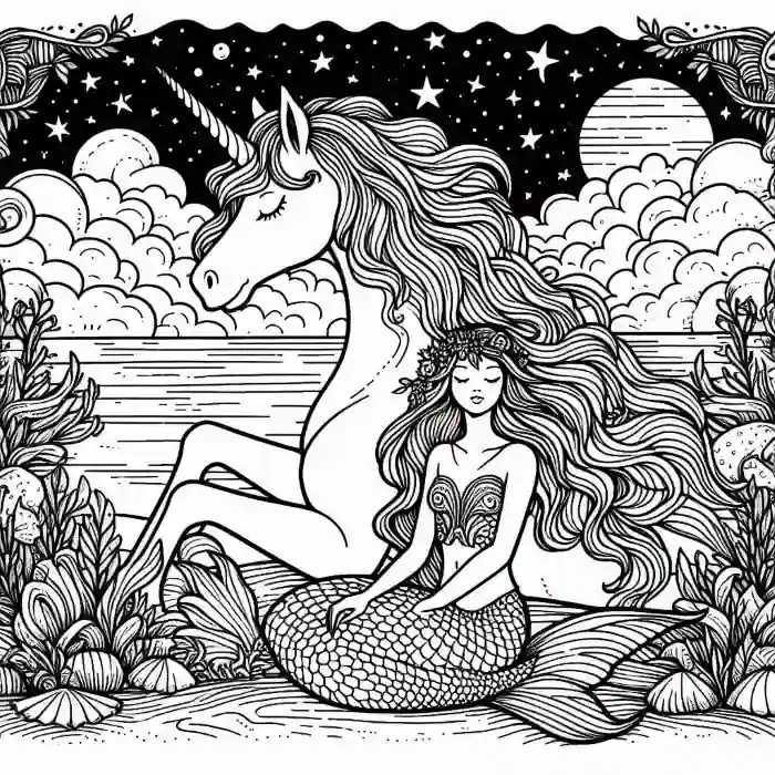 Sirena y Unicornio para colorear