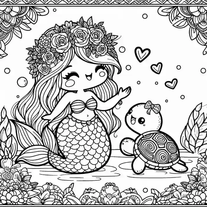 Sirena y tortuga kawaii para colorear