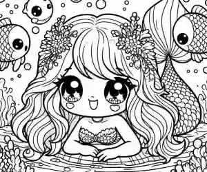 Smiling kawaii little mermaid coloring page