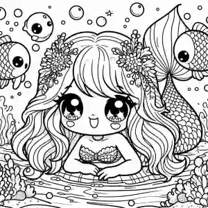 Smiling kawaii little mermaid coloring page