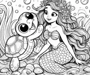 Turtle greeting mermaid coloring page