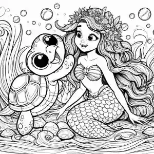 Turtle greeting mermaid coloring page