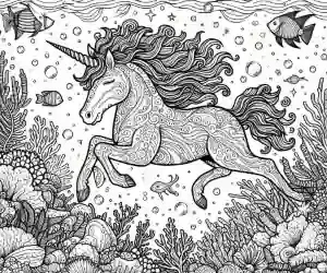 Unicorn at the bottom of the sea to color