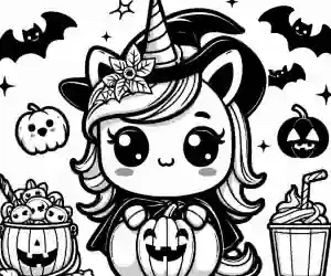 Unicorn baby halloween party coloring page