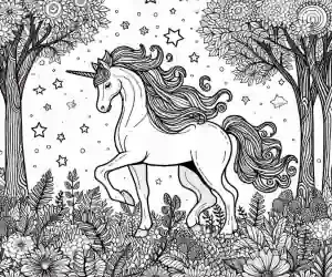 Unicorn in enchanted forest to color