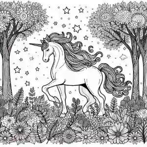 Unicorn in enchanted forest to color