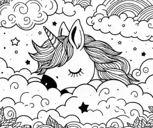 Unicorn sleeping in the clouds to color