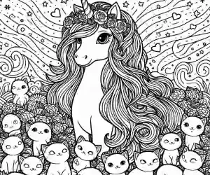 Unicorn surrounded by kittens to color