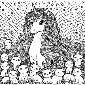 Unicorn surrounded by kittens to color