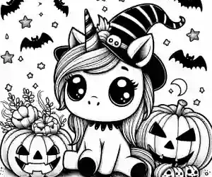 Unicorn with bats on halloween coloring