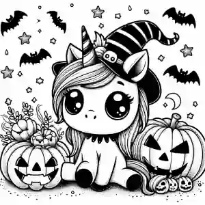 Unicorn with bats on halloween coloring