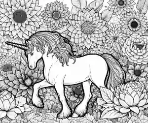 Unicorn with magical sunflowers to color