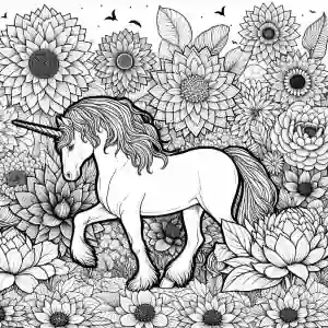 Unicorn with magical sunflowers to color