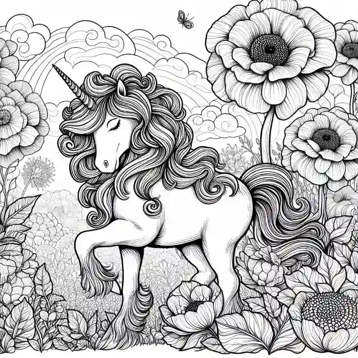 Unicornio con flores para colorear