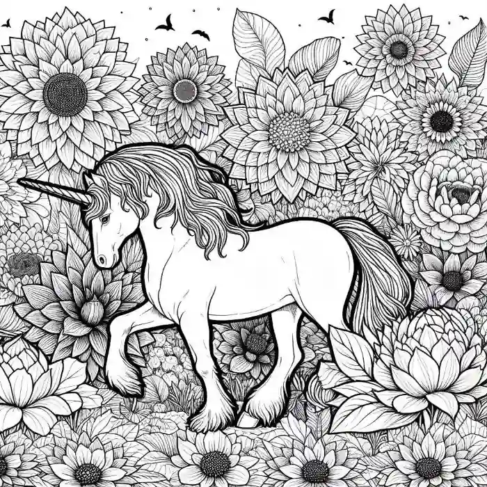 Unicornio con girasoles mágicos para colorear