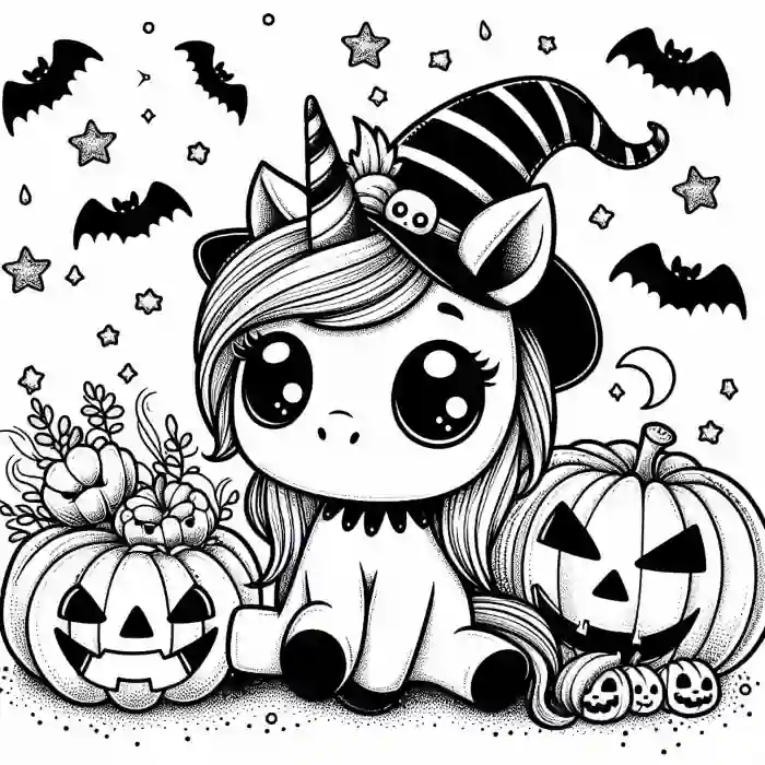 Unicornio con murcielagos en halloween para colorear